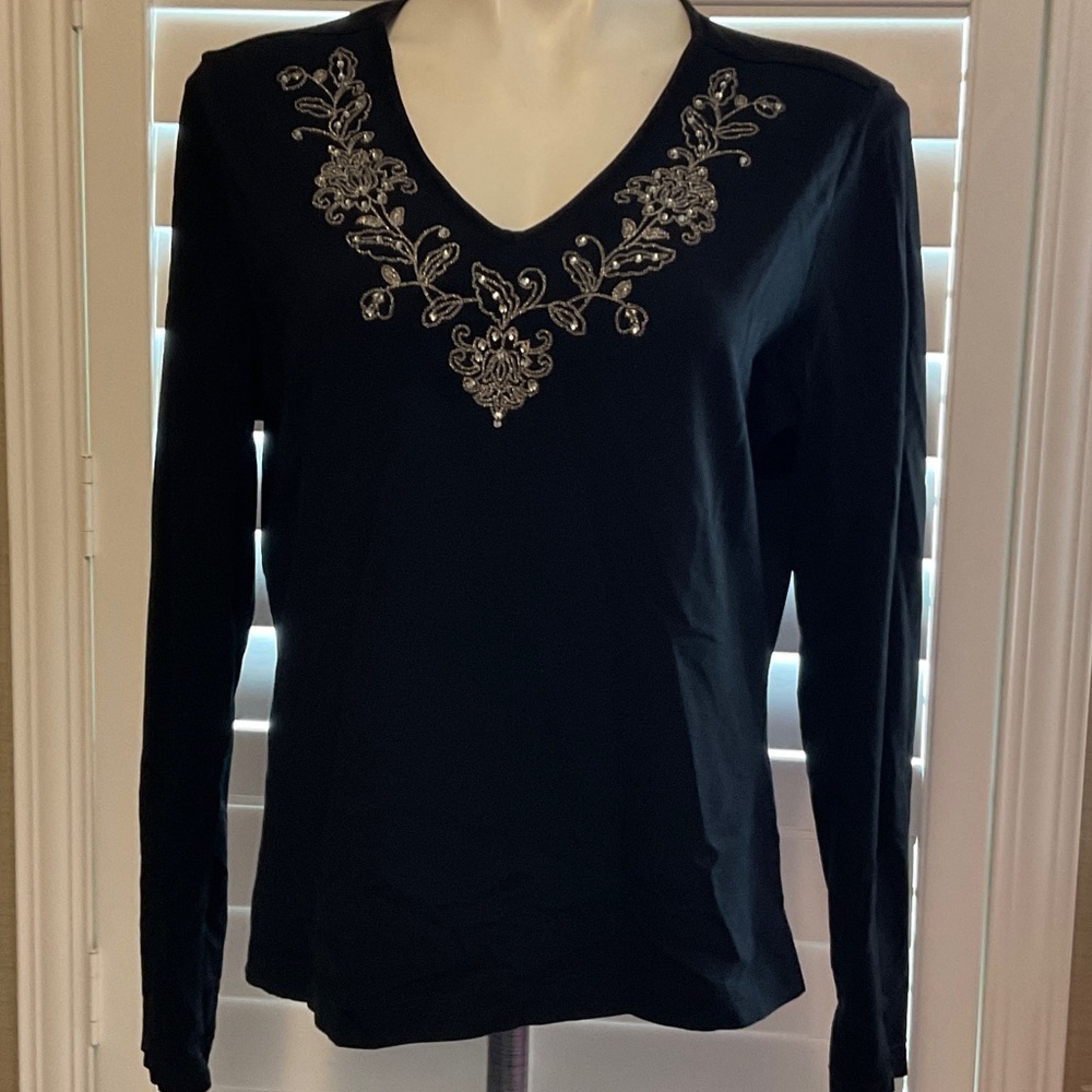 Westbound Black Long Sleeve Top with Silver Embroidery